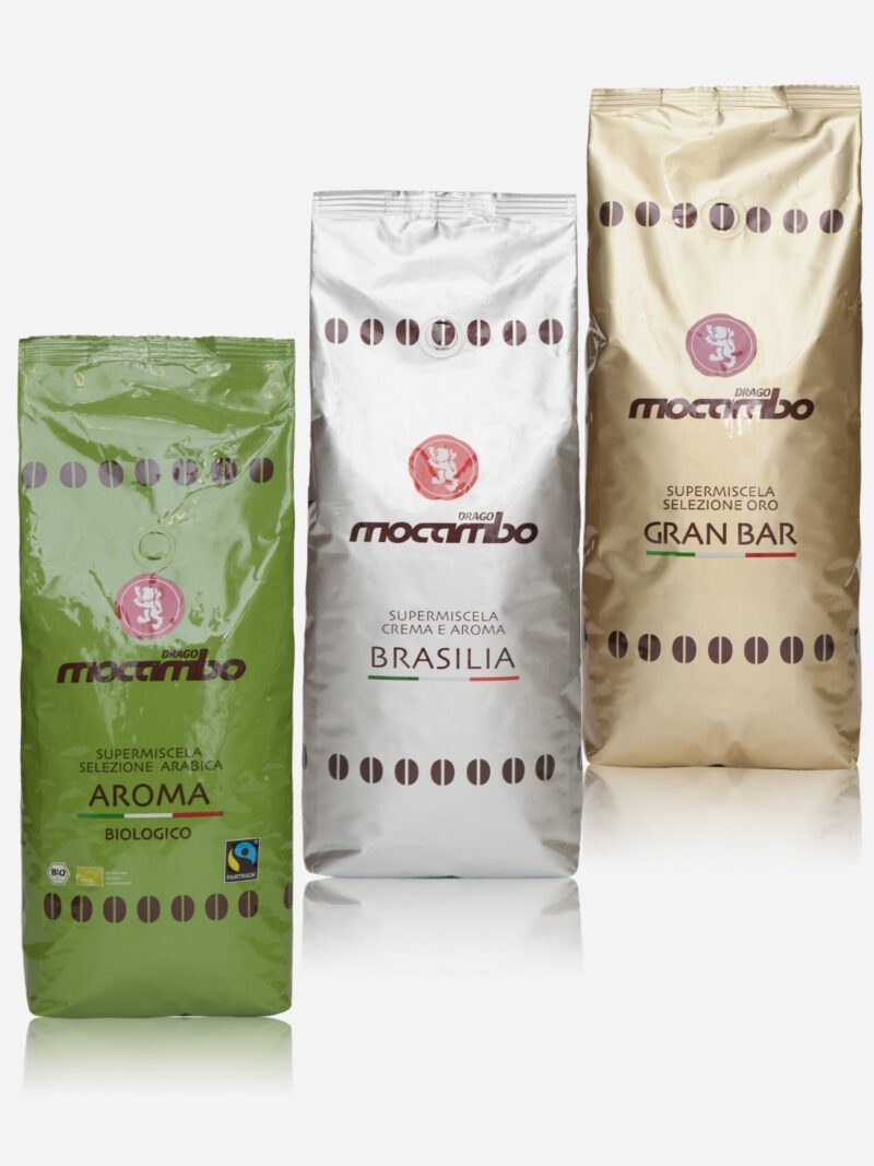 Ein Paket mit der Kaffeemischung Brasile, Biologico und Gran Bar - jeweils 250 Gramm - von der Marke Drago Mocambo Caffe